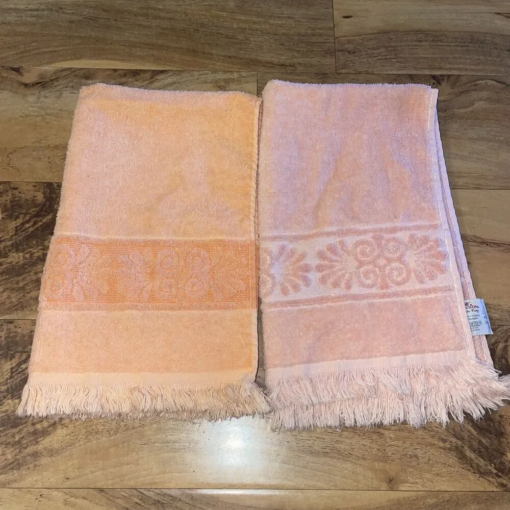 Vtg Cannon Monticello Santa Cruz Hand Towel Set Peach Pink Sculpted Fringe